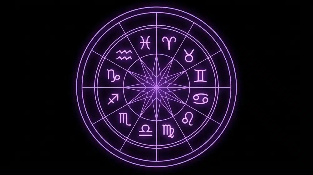 Roda zodiacal com os doze signos destacando as energias de transformação para Áries, Leão e Libra em 2026