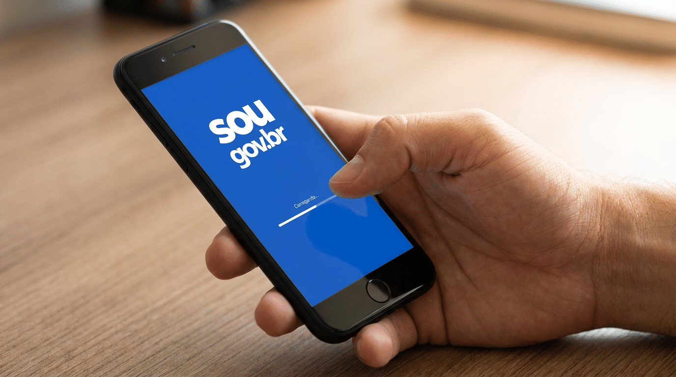 Pessoa segurando smartphone exibindo tela azul com logo SouGov
