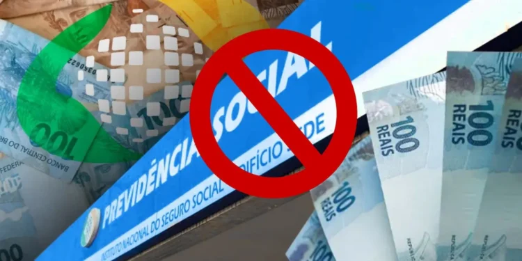 Cédulas de real, placa da Previdência Social do INSS e símbolo de proibição vermelho indicando possível bloqueio de aposentadorias.