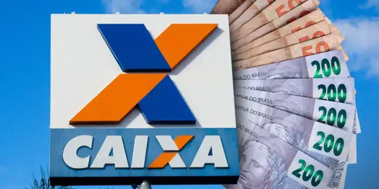 Logo da CAIXA com notas de R$ 50 e R$ 200, representando o depósito de R$ 850 nas contas dos brasileiros com finais de CPF 0 a 9.
