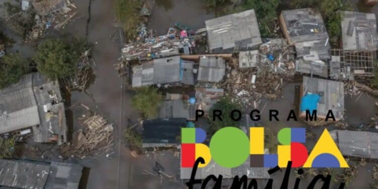 Área devastada por desastres naturais com a sobreposição do logo do programa Bolsa Família, representando o benefício que pode ser antecipado em novas cidades em situação de emergência