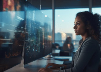 Mulher concentra-se em tela grande de computador exibindo gráficos em ambiente corporativo