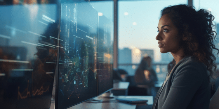 Mulher concentra-se em tela grande de computador exibindo gráficos em ambiente corporativo