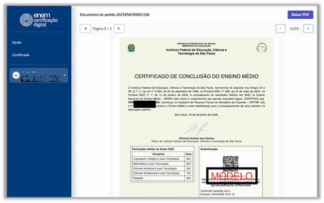 Certificado de Conclusão do Ensino Médio Imagem do Certificado de Conclusão do Ensino Médio, emitido pelo Inep, que pode ser acessado digitalmente através da plataforma.