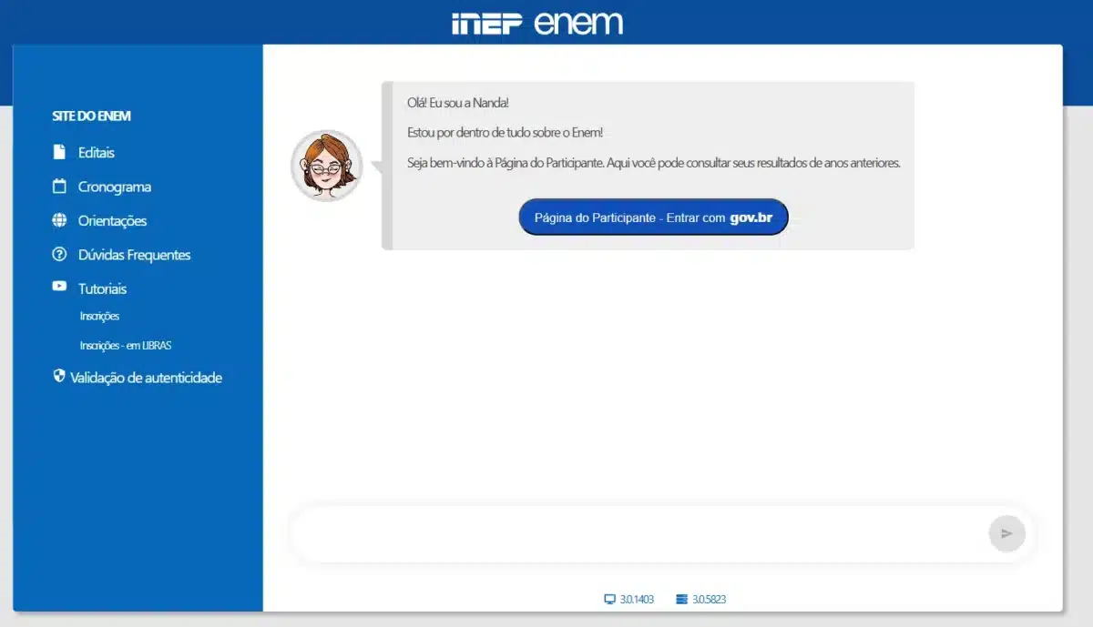 Interface da Página do Participante do Enem mostrando o acesso ao portal gov.br para consultar resultados e o espelho da redação