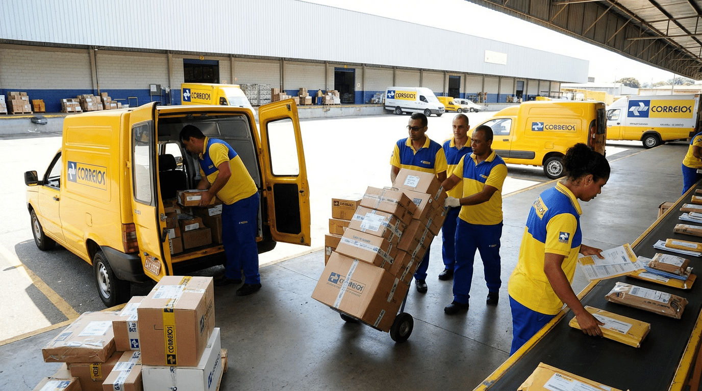 Grupo de funcionários dos Correios manuseia caixas e correspondências perto de vans amarelas