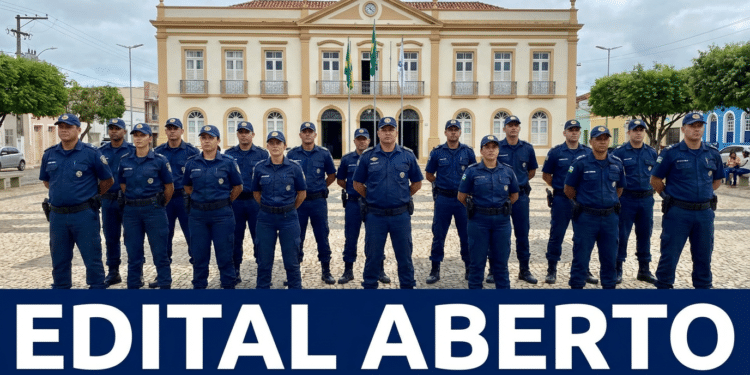 Grupo de guardas municipais uniformizados alinhados em praça diante de prédio histórico