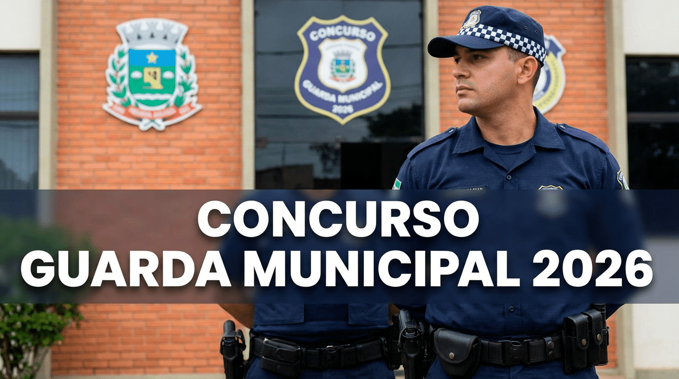 Guarda Municipal uniformizado observa à frente de prédio com brasão e placa do concurso