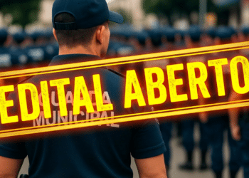 Grupo de guardas municipais perfilados com destaque para edital aberto em destaque amarelo