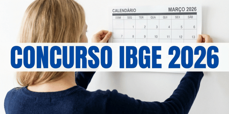 Pessoa prende calendário de março de 2026 na parede com destaque para concurso IBGE