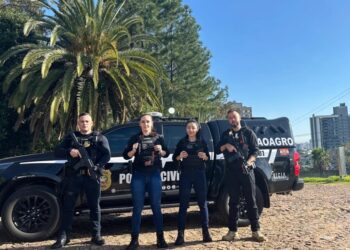 Quatro policiais civis fardados posando em frente a viaturas da Polícia Civil de Santa Catarina representando o concurso da PC SC 2026 com gabaritos e nota mínima para aprovação
