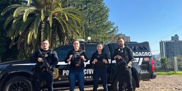Quatro policiais civis fardados posando em frente a viaturas da Polícia Civil de Santa Catarina representando o concurso da PC SC 2026 com gabaritos e nota mínima para aprovação