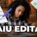 Mulher escrevendo em caderno com folhas de prova ilustradas ao redor em ambiente de estudo