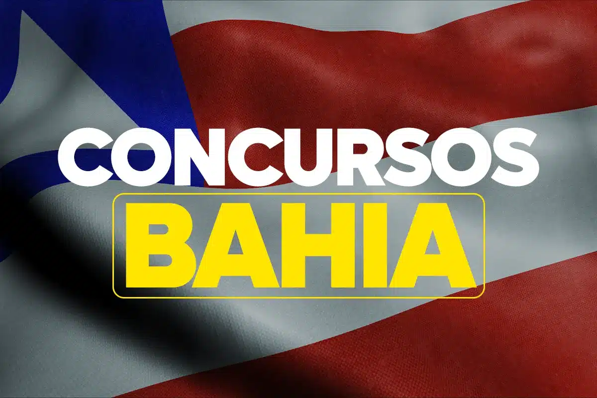 Imagem relacionada ao concurso público da Bahia, com o título 'Concursos Bahia' sobre fundo com a bandeira da Bahia.