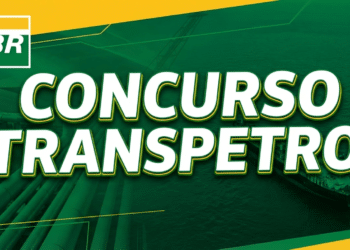 Letreiro “Concurso Transpetro” com fundo verde, logotipo BR e imagens de gasoduto e navio