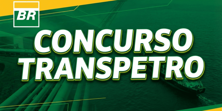 Letreiro “Concurso Transpetro” com fundo verde, logotipo BR e imagens de gasoduto e navio