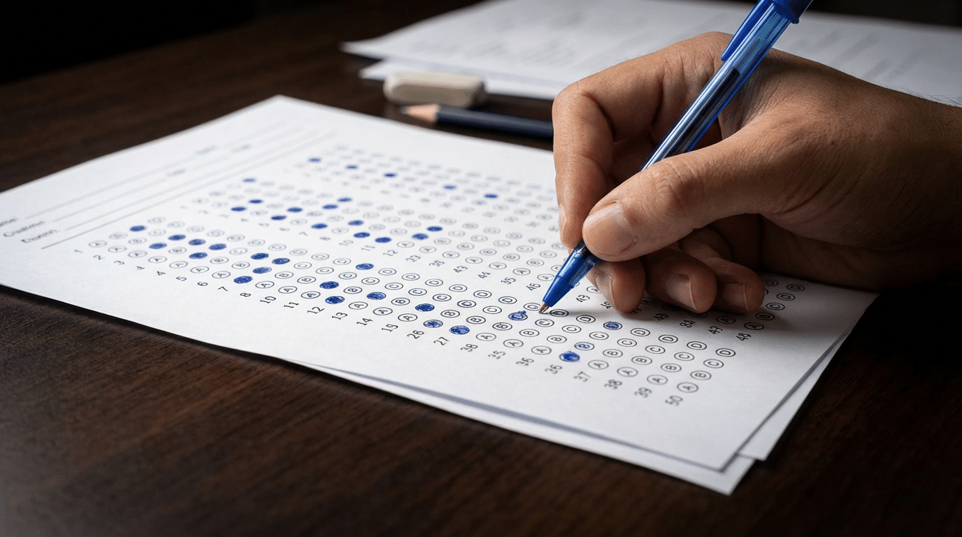 Mão preenchendo cartão-resposta com caneta azul sobre mesa escura durante avaliação