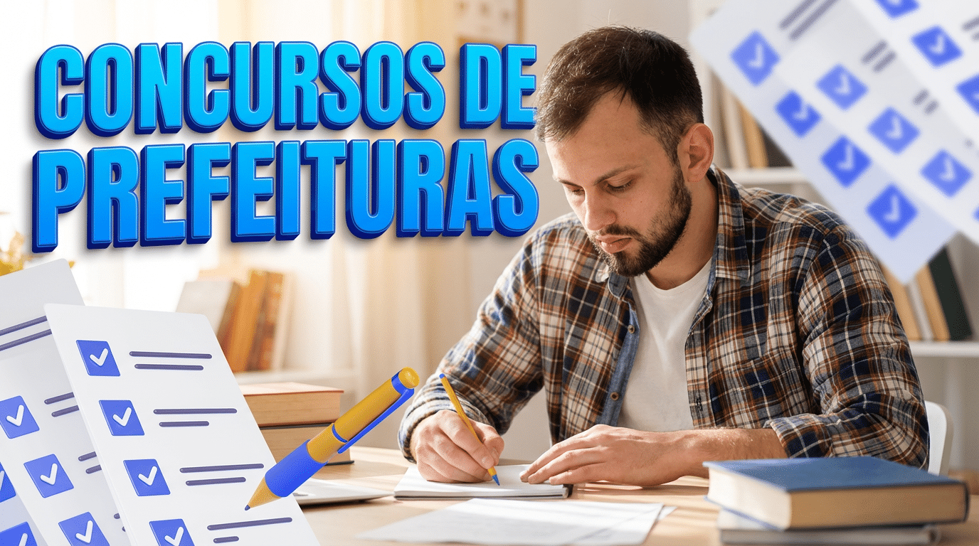 Homem escrevendo em caderno com folhas de prova e listas de verificação em destaque