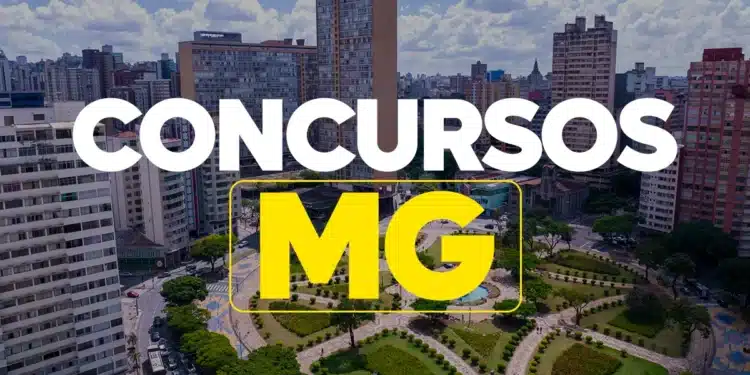 Vista aérea de Belo Horizonte com texto 'Concursos MG' sobreposto