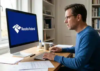 Homem concentrado no computador em casa com documentos à frente e logo da Receita Federal na tela, representando a declaração do Imposto de Renda em 2026