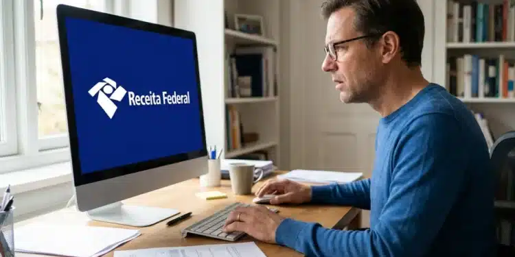 Homem concentrado no computador em casa com documentos à frente e logo da Receita Federal na tela, representando a declaração do Imposto de Renda em 2026