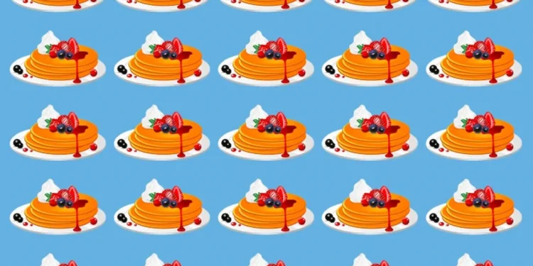 Desafio visual com várias panquecas decoradas com frutas e calda sobre fundo azul, onde uma delas é diferente e precisa ser encontrada rapidamente.