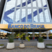Prédio espelhado do Banco do Brasil com letreiro amarelo e plantas na entrada