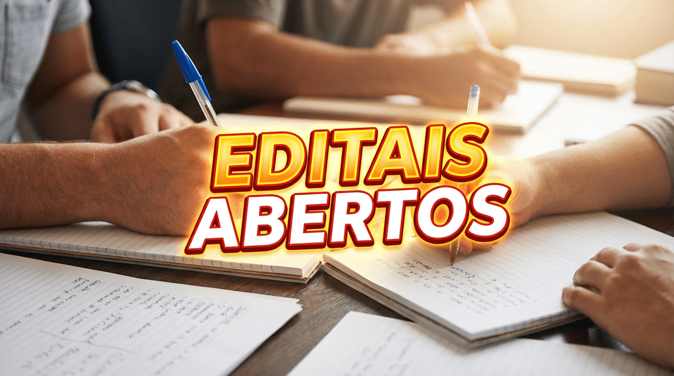 Mãos escrevendo em cadernos com canetas e aviso de editais abertos em destaque