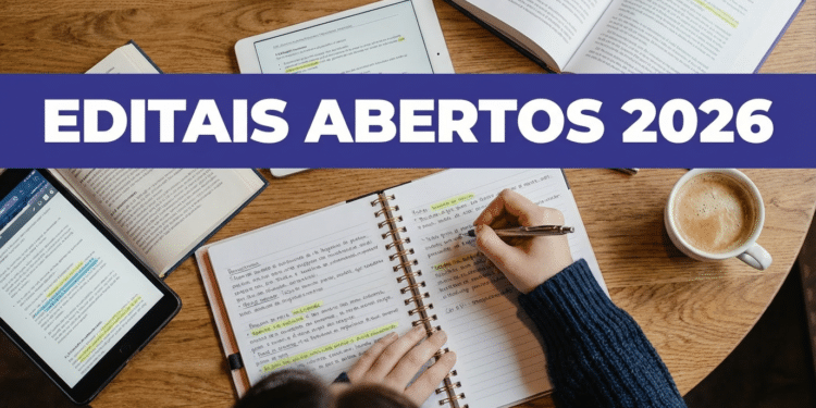 Pessoa escrevendo em caderno ao lado de livros, tablet e café em mesa de madeira