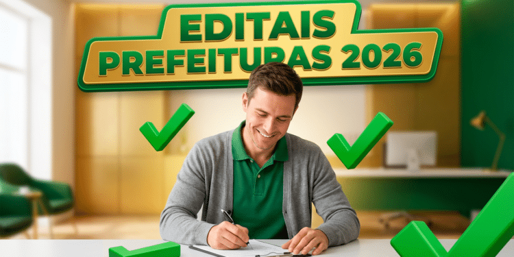 Homem sorridente preenche formulário em mesa, com sinais de visto verde e painel de Editais Prefeituras 2026 ao fundo
