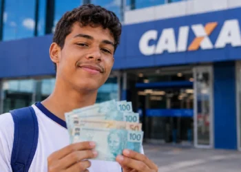 Estudante segura cédulas em frente a uma agência da Caixa, representando os pagamentos de agosto do Pé-de-Meia, encerrados nesta segunda-feira, 31.