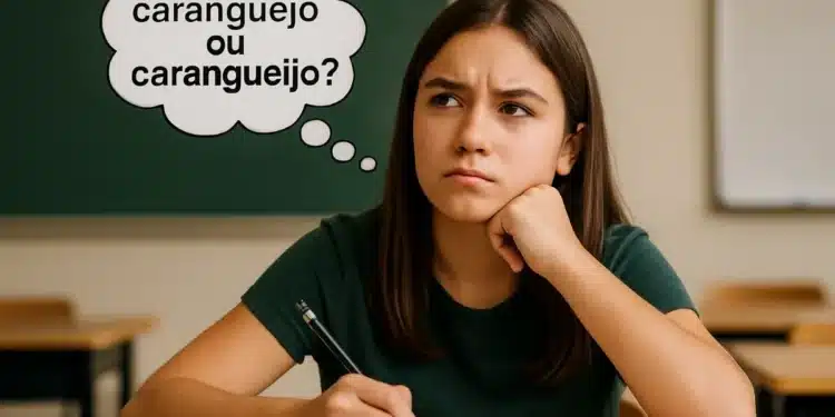Criança pensativa com dúvida entre 'caranguejo' e 'carangueijo' em ambiente escolar.