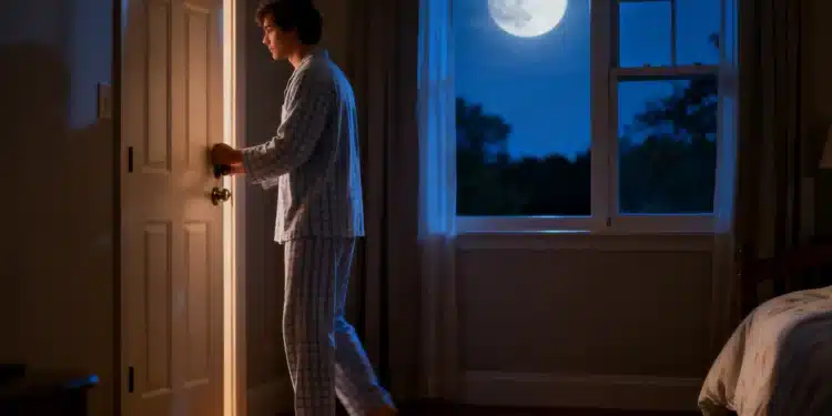 Homem fechando a porta do quarto durante a noite com a lua cheia visível pela janela.