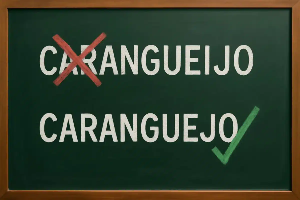 Comparação entre a escrita errada carangueijo marcada com X vermelho e a grafia correta caranguejo destacada com símbolo de correto