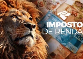 Leão do Imposto de Renda sobre fundo com notas de real representando a tributação e a regra de que salários até R$ 5 mil não terão isenção em 2026.