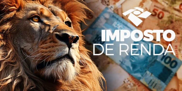 Leão do Imposto de Renda sobre fundo com notas de real representando a tributação e a regra de que salários até R$ 5 mil não terão isenção em 2026.