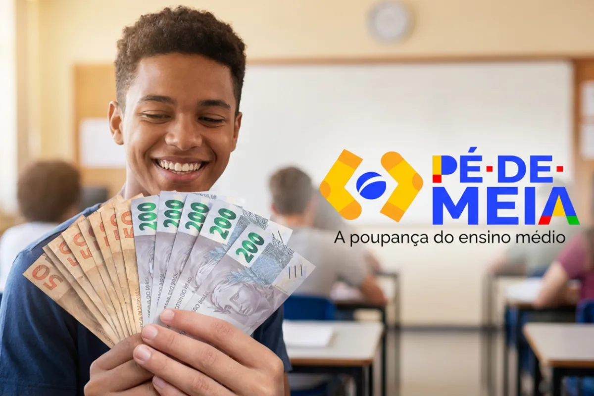 Estudante segurando notas de dinheiro representando o pagamento do incentivo-matrícula de R$200 do programa Pé-de-Meia liberado em março de 2026.