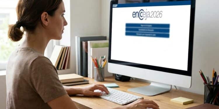 Pessoa acessando o site Encceja 2026 no computador para realizar a inscrição.
