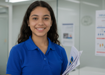 Jovem aprendiz sorrindo com documentos em ambiente corporativo — inscrições para o Jovem Aprendiz dos Correios abrem em 23 de março com mais de 500 vagas