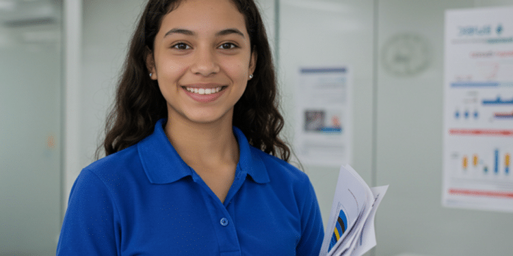 Jovem aprendiz sorrindo com documentos em ambiente corporativo — inscrições para o Jovem Aprendiz dos Correios abrem em 23 de março com mais de 500 vagas