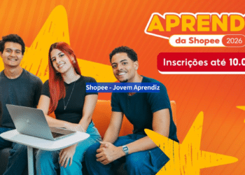 Banner do programa Aprendiz da Shopee 2026 com inscrições até 10 de abril e três jovens sorrindo