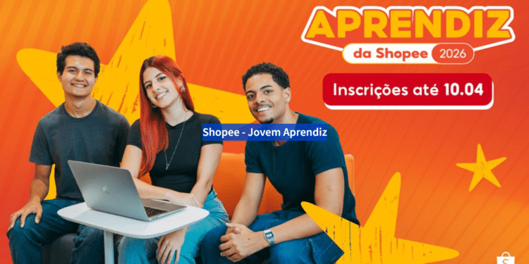 Banner do programa Aprendiz da Shopee 2026 com inscrições até 10 de abril e três jovens sorrindo