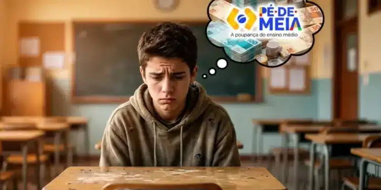 Estudante triste pensando sobre o benefício do Pé-de-Meia, com imagem de cédulas e moedas na sua mente.