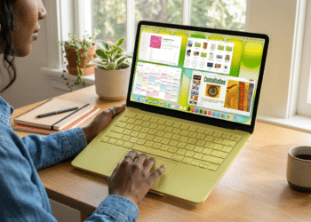 Mulher utiliza notebook amarelo em mesa de madeira com plantas e café ao lado