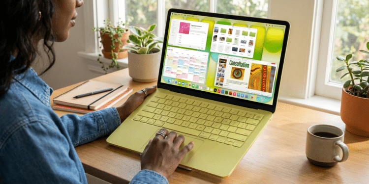 Mulher utiliza notebook amarelo em mesa de madeira com plantas e café ao lado