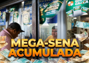 Pessoas aguardam atendimento em lotérica com notas de real voando e destaque para Mega-Sena acumulada