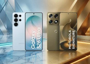 Dois celulares, Samsung Galaxy S26 Ultra branco e Motorola Signature dourado, exibidos em superfície de mármore