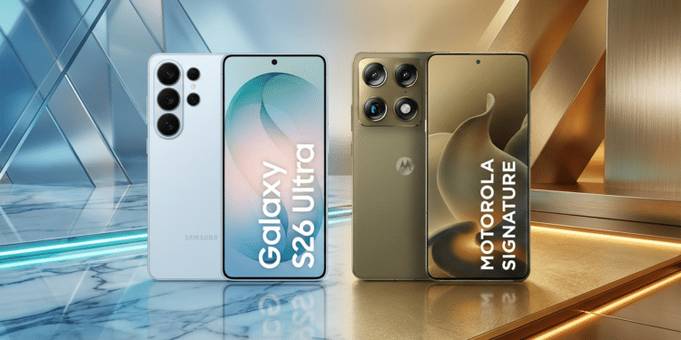 Dois celulares, Samsung Galaxy S26 Ultra branco e Motorola Signature dourado, exibidos em superfície de mármore