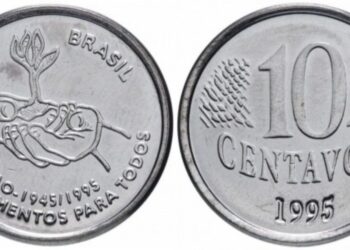 Frente e verso de uma moeda de 10 centavos de 1995, edição especial da FAO, com o desenho de mãos segurando um broto de planta.