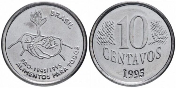 Frente e verso de uma moeda de 10 centavos de 1995, edição especial da FAO, com o desenho de mãos segurando um broto de planta.